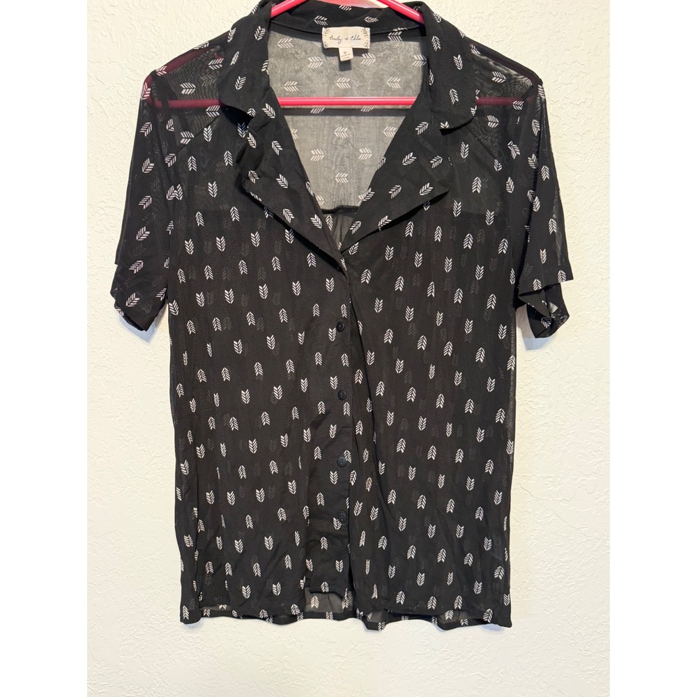 Bailey + Chloe Black Sheer Mesh Arrow Print Button Up Short Sleeve Top Medium